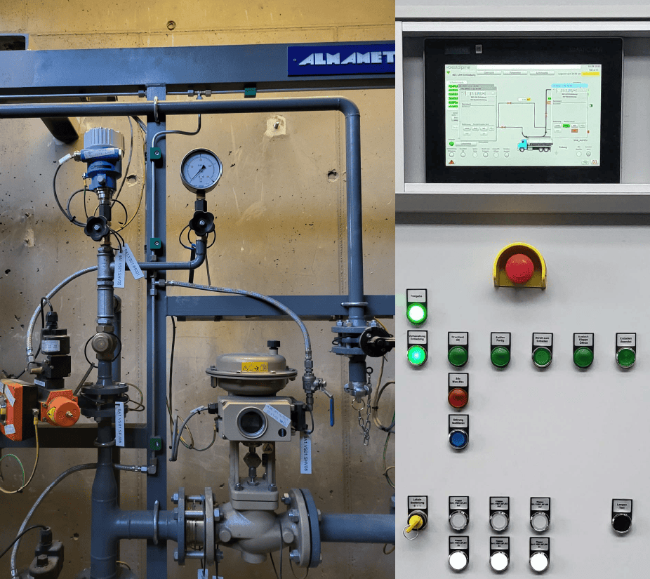 Unloading stations with control panel and piping system for industrial material transfer.